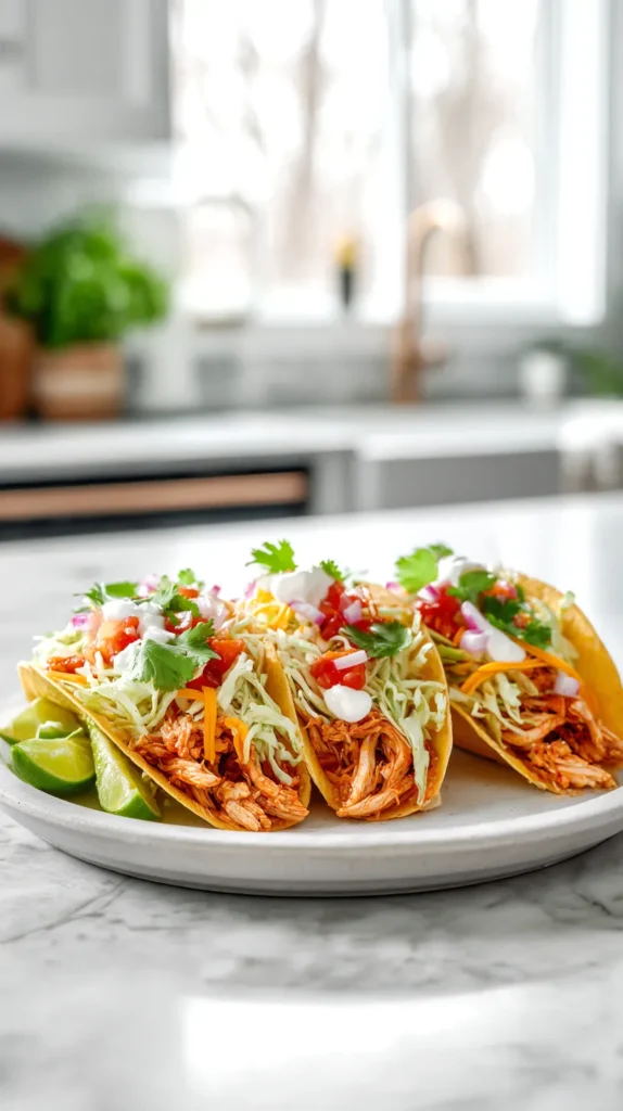 Three shredded chicken tacos on a white plate with lettuce, cheese, sour cream, red onion, cilantro, and lime wedges on a white marble counter.