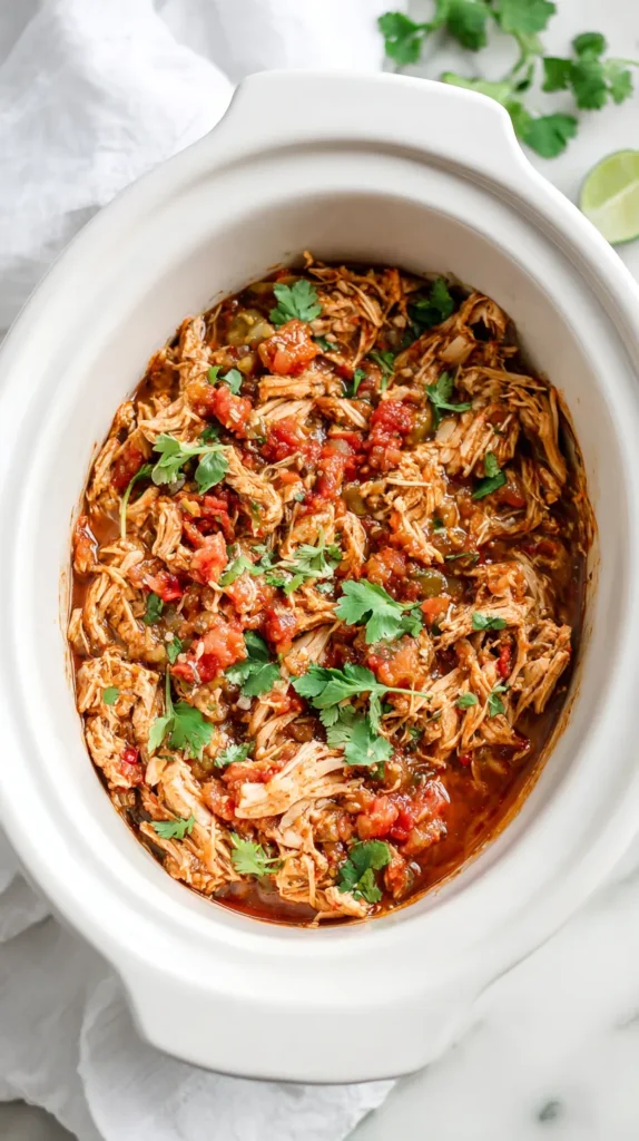 White crockpot filled with shredded taco chicken in a tomato-based sauce, topped with chopped cilantro, on a white marble kitchen counter.