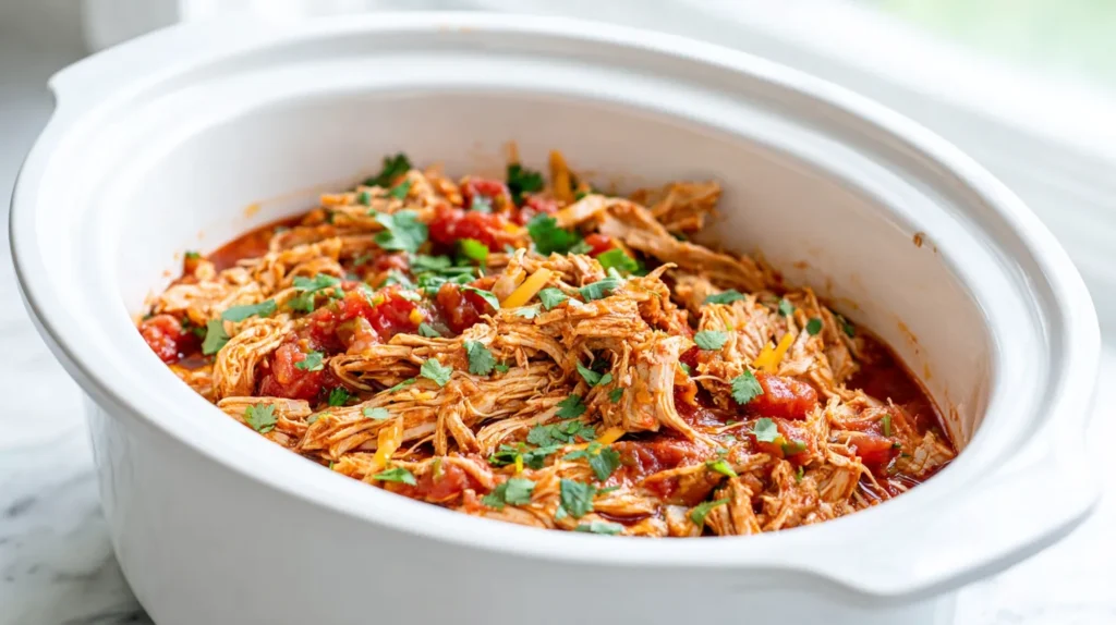 White crockpot filled with shredded taco chicken in a tomato-based sauce, topped with chopped cilantro, on a white marble kitchen counter.