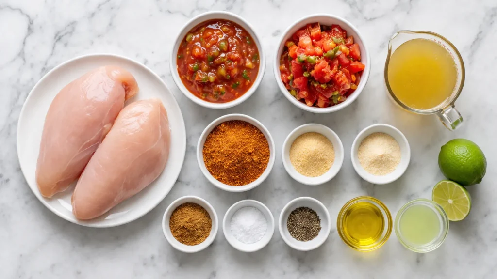 Overhead view of raw chicken breasts, chunky salsa, diced tomatoes with green chiles, chicken broth, lime juice, olive oil, taco seasoning, garlic powder, onion powder, cumin, salt, and black pepper in small white bowls on a white marble counter.