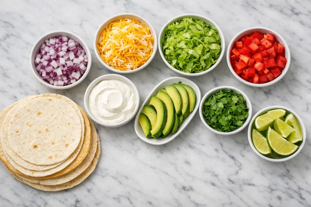 12 small flour tortillas or corn tortillas 1 cup shredded cheddar or Mexican blend cheese 2 cups shredded lettuce 1 cup diced tomatoes 1/2 cup diced red onion 1/2 cup sour cream 1 avocado, sliced 1/4 cup chopped cilantro Lime wedges for serving
