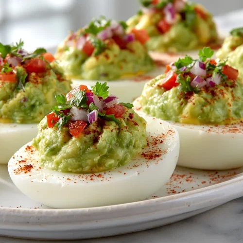 hyper-realistic photo of guacamole deviled eggs arranged on a white ceramic platter, creamy avocado yolk filling piped into perfectly sliced egg whites, topped with fine diced red onion, tiny tomato pieces, chopped cilantro, and a light dusting of chili powder, fresh lime wedges nearby, bright white kitchen background, white marble countertop, crisp natural window light, clean editorial food styling, vivid green filling with smooth creamy texture, sharp focus, realistic shadows, fresh and appetizing, eye-level to slightly overhead angle, no people, no hands, no text, no logos, no watermark