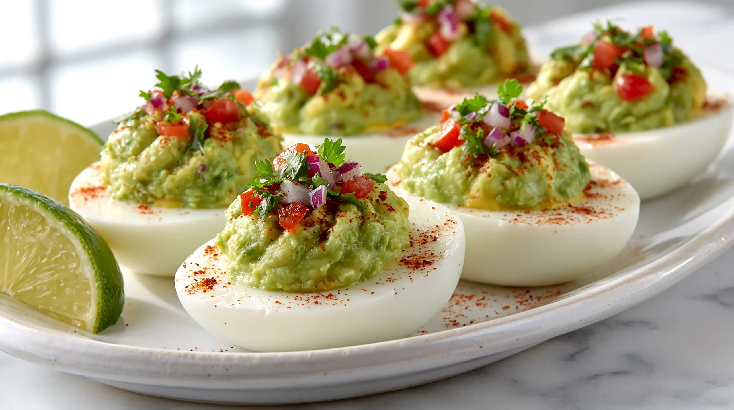 hyper-realistic photo of guacamole deviled eggs arranged on a white ceramic platter, creamy avocado yolk filling piped into perfectly sliced egg whites, topped with fine diced red onion, tiny tomato pieces, chopped cilantro, and a light dusting of chili powder, fresh lime wedges nearby, bright white kitchen background, white marble countertop, crisp natural window light, clean editorial food styling, vivid green filling with smooth creamy texture, sharp focus, realistic shadows, fresh and appetizing, eye-level to slightly overhead angle, no people, no hands, no text, no logos, no watermark