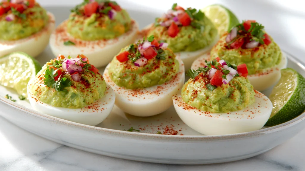 hyper-realistic photo of guacamole deviled eggs arranged on a white ceramic platter, creamy avocado yolk filling piped into perfectly sliced egg whites, topped with fine diced red onion, tiny tomato pieces, chopped cilantro, and a light dusting of chili powder, fresh lime wedges nearby, bright white kitchen background, white marble countertop, crisp natural window light, clean editorial food styling, vivid green filling with smooth creamy texture, sharp focus, realistic shadows, fresh and appetizing, eye-level to slightly overhead angle, no people, no hands, no text, no logos, no watermark