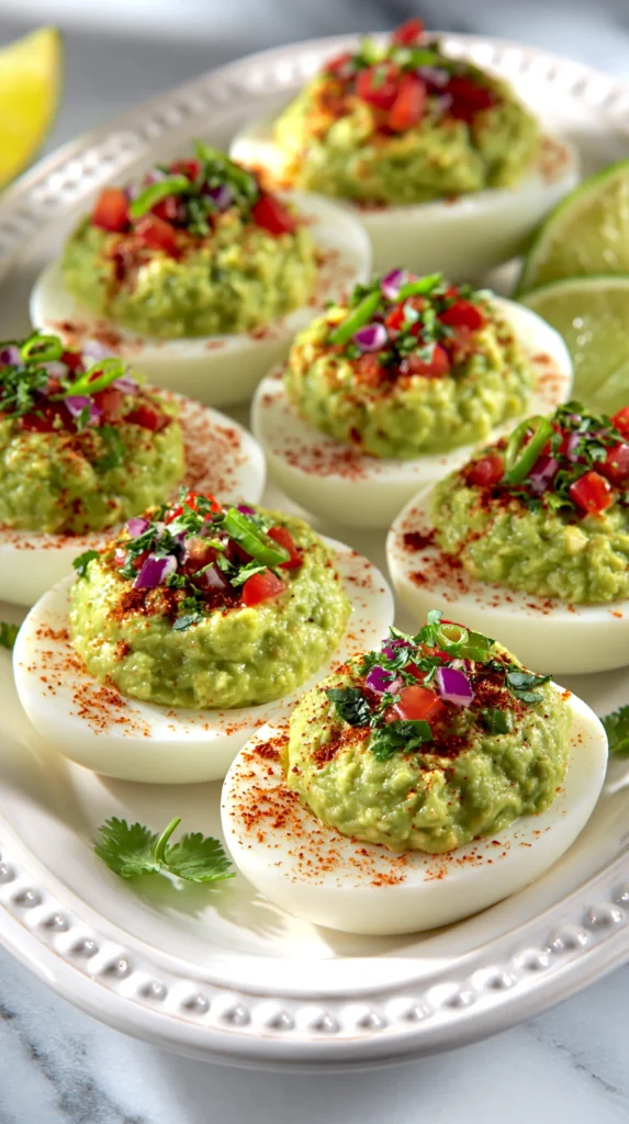 hyper-realistic photo of guacamole deviled eggs arranged on a white ceramic platter, creamy avocado filling piped into perfectly sliced egg whites, topped with fine diced red onion, tiny tomato pieces, chopped cilantro, and a light dusting of chili powder, fresh lime wedges nearby, bright white kitchen background, white marble countertop, crisp natural window light, clean editorial food styling, vivid green filling with smooth creamy texture, sharp focus, realistic shadows, fresh and appetizing, eye-level to slightly overhead angle, no people, no hands, no text, no logos, no watermark