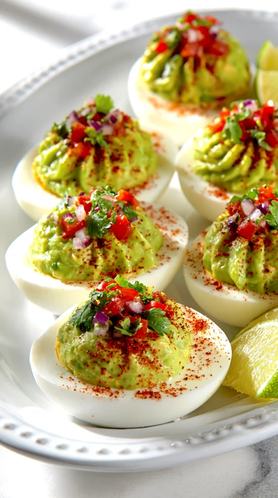 hyper-realistic photo of guacamole deviled eggs arranged on a white ceramic platter, creamy avocado yolk filling piped into perfectly sliced egg whites, topped with fine diced red onion, tiny tomato pieces, chopped cilantro, and a light dusting of chili powder, fresh lime wedges nearby, bright white kitchen background, white marble countertop, crisp natural window light, clean editorial food styling, vivid green filling with smooth creamy texture, sharp focus, realistic shadows, fresh and appetizing, eye-level to slightly overhead angle, no people, no hands, no text, no logos, no watermark