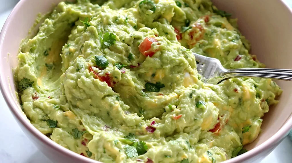 hyper-realistic close-up food photography of guacamole deviled egg filling in a light pink mixing bowl, creamy mashed avocado blended with hard-boiled egg yolks and a little mayonnaise, pale green filling with soft warm yellow undertones, slightly smoother texture with a few small chunky bits, visible finely diced tomato, very finely diced red onion, tiny jalapeño pieces, and small chopped cilantro throughout, silver fork resting in the filling, tight framing, slightly overhead angle, bright white countertop, soft natural window light, clean editorial kitchen styling, fresh homemade look, realistic texture, no people, no hands, no text, no watermark