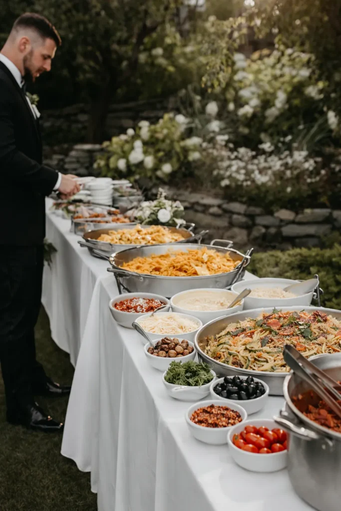 wedding reception outdoors with a buffet