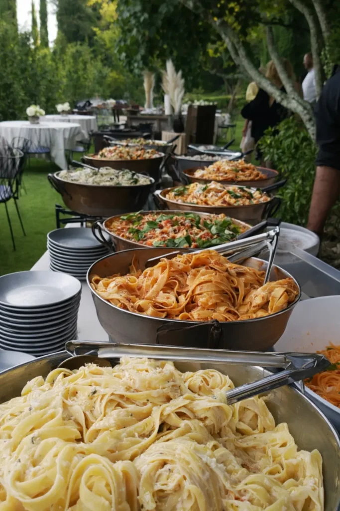 large bowls of different types of pasta with different sauces