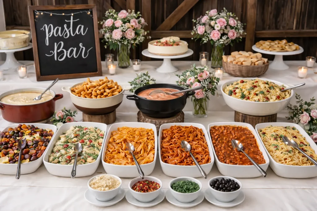 pasta bar table with flowers on it