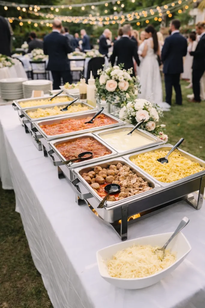pasta bar at an outdoor wedding reception