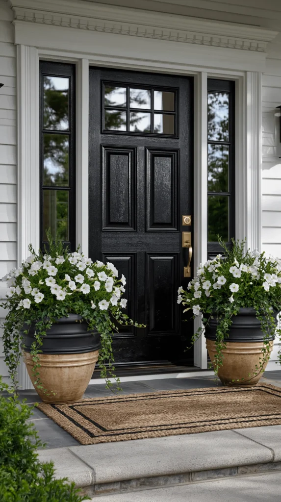 hyper-realistic photo of a charming front porch with a black front door, two large porch flower pots placed symmetrically on each side of the door, positioned slightly behind the front edge of the porch, not blocking the walkway or doormat, layered matte black and terracotta planters, white petunias and trailing ivy,, white siding, bright natural morning light, balanced composition, realistic scale, clean styling, no people, no text, no watermark