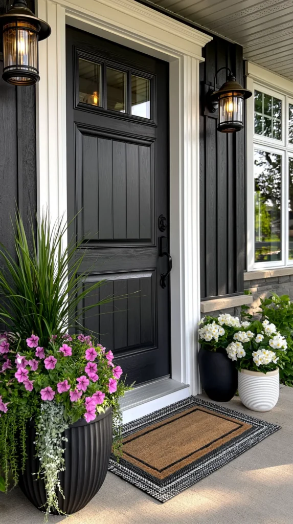 hyper-realistic photo of a small budget-friendly front porch with porch flower pots styled in a realistic layout, one tall planter on the left side of the door and one shorter grouped pair on the right side, arranged neatly against the wall, leaving open walking space to the front door, matte black and warm white planters, pink petunias, white begonias, trailing greenery, simple doormat, bright natural daylight, crisp realistic textures, inviting curb appeal, no people, no text, no watermark