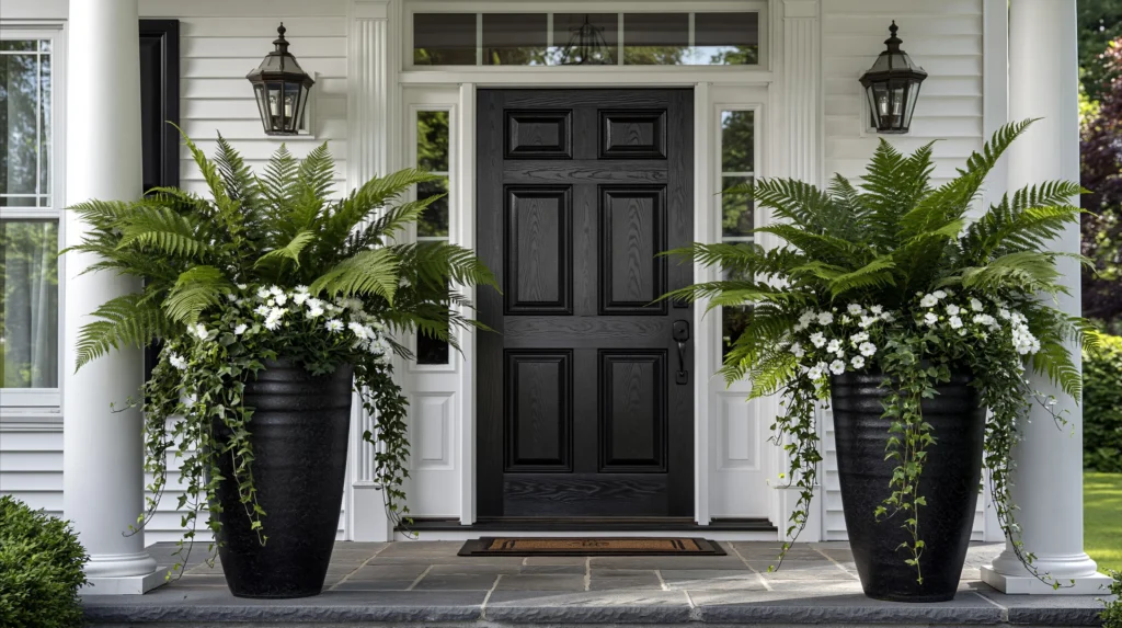 hyper-realistic photo of elegant porch flower pots that look expensive on a budget, front-facing view of a white house porch with a black front door, two tall tapered black planters flanking the doorway in a clean symmetrical arrangement, planters set close to the siding and clear of the steps, lush ferns, white flowers, trailing vines, classic lantern sconces, bright daylight, refined realistic styling, upscale but attainable curb appeal, no people, no text, no watermark