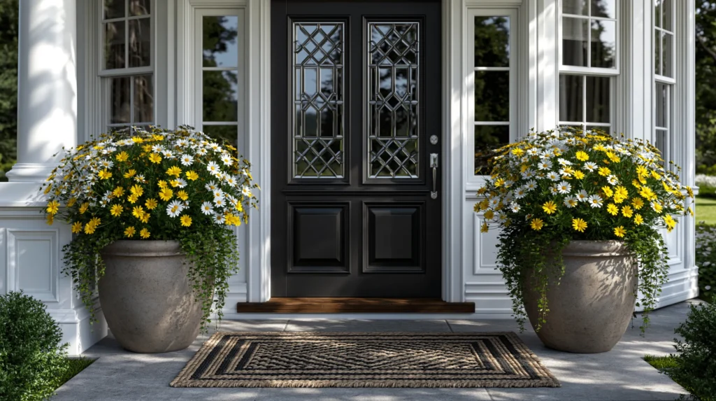hyper-realistic photo of a welcoming spring front porch with porch flower pots arranged in a balanced and natural way, matching neutral planters placed on both sides of the front door with equal spacing, flowers overflowing but not hiding the entry, cheerful yellow and white blooms, trailing greenery, clean porch floor, white trim, woven doormat centered in front of the door, realistic sunlight and shadows, no people, no text, no watermark