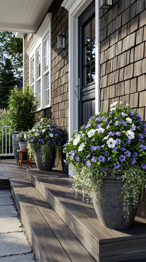 hyper-realistic photo of a beautifully styled front porch with coordinated porch flower pots, two medium planters flanking the steps and one larger statement planter near the outer porch corner, all containers placed with realistic spacing and clear walking room, white, blush pink, and soft purple blooms, layered greenery, classic home exterior, bright editorial outdoor photography, realistic flower textures, warm welcoming mood, no people, no text, no watermark