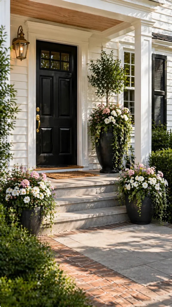 hyper-realistic photo of a beautifully styled front porch with coordinated porch flower pots, two medium planters flanking the steps and one larger statement planter near the outer porch corner, all containers placed with realistic spacing and clear walking room, white, blush pink, and soft purple blooms, layered greenery, classic home exterior, bright editorial outdoor photography, realistic flower textures, warm welcoming mood, no people, no text, no watermark