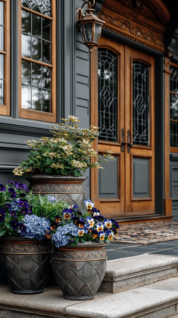 matching flower pots neatly arranged near the front food of a home on the porch, not blocking the door