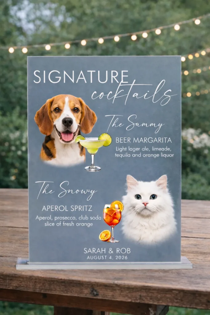 dog and cat on a signature wedding cocktails drink bar sign