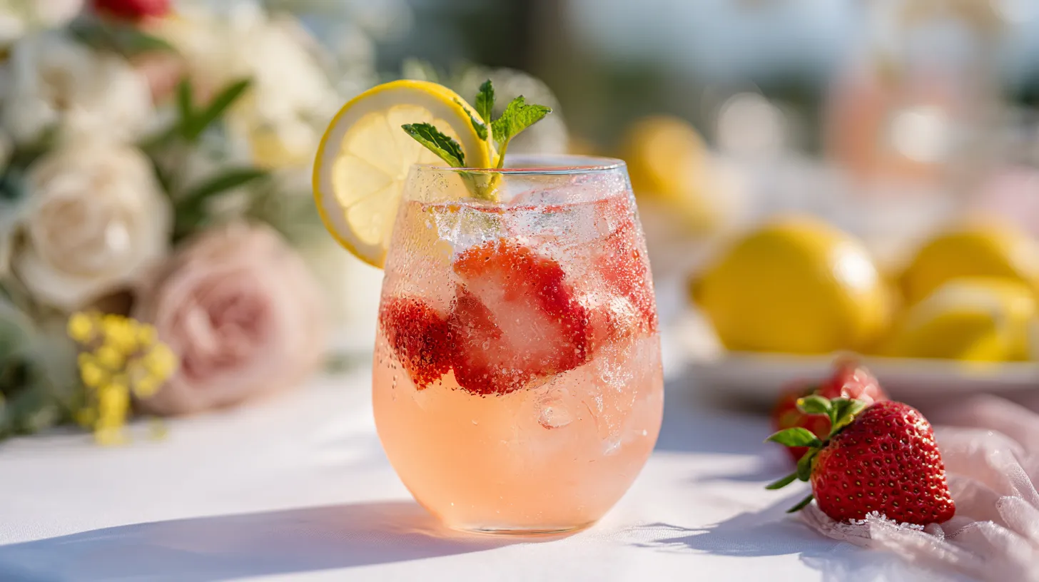 Hyper-realistic photo of a Berry Lemonade Fizz wedding signature drink, served in a clear elegant stemless glass over ice, soft blush-pink lemonade cocktail with a light sparkling look, garnished with sliced strawberries, a thin lemon wheel, and a small fresh mint sprig, condensation on the glass, set on a beautiful outdoor wedding bar with a white linen table, soft garden florals, lemons and strawberries nearby, bright natural light, airy romantic atmosphere, crisp editorial drink photography, realistic glass reflections, fresh fruit textures, no people, no text, no watermark