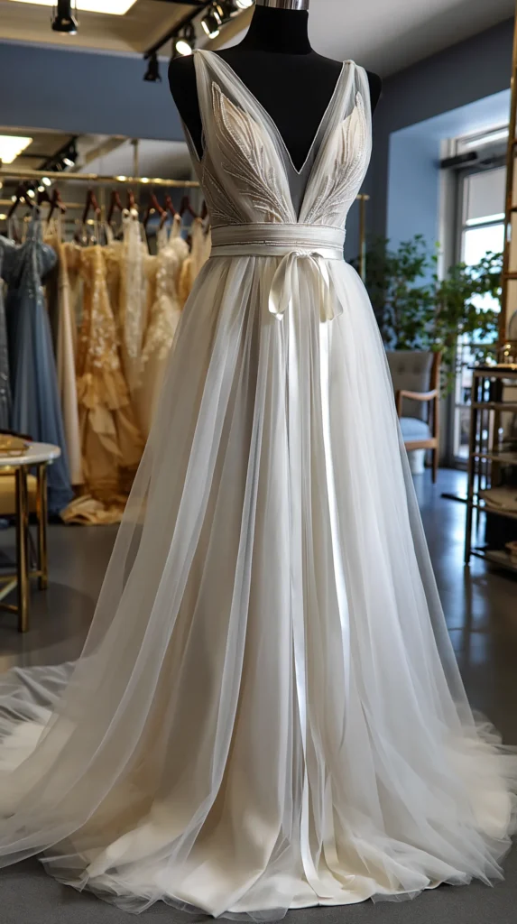 Romantic tulle wedding dress with delicate sheer layers and a flowing bridal silhouette