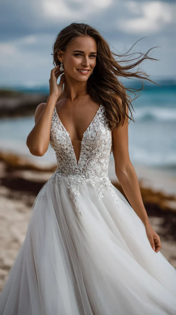 Tulle wedding dress with a full skirt, fitted bodice, and soft feminine details