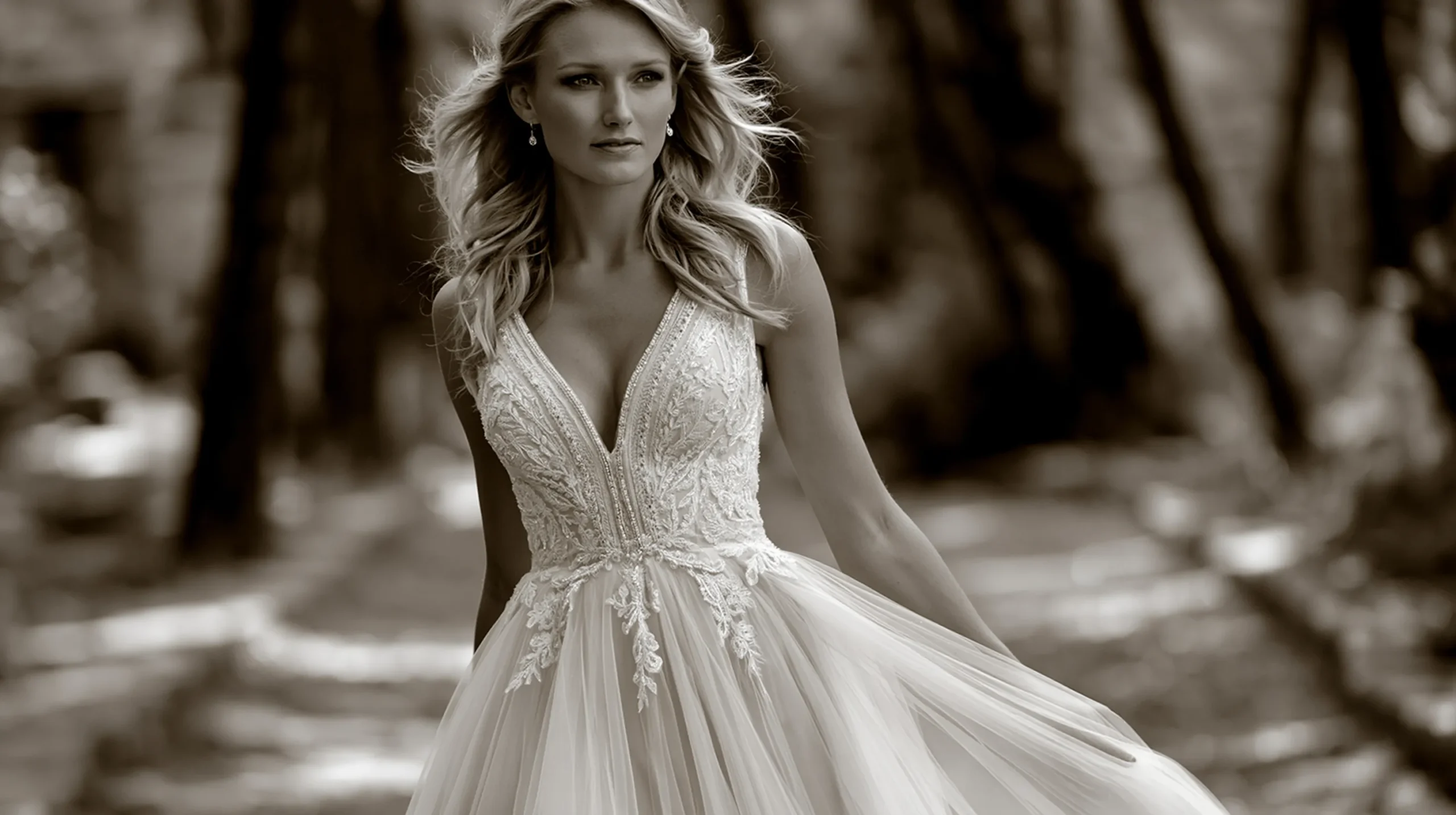 Bride wearing a soft tulle wedding dress with a full layered skirt and fitted bodice