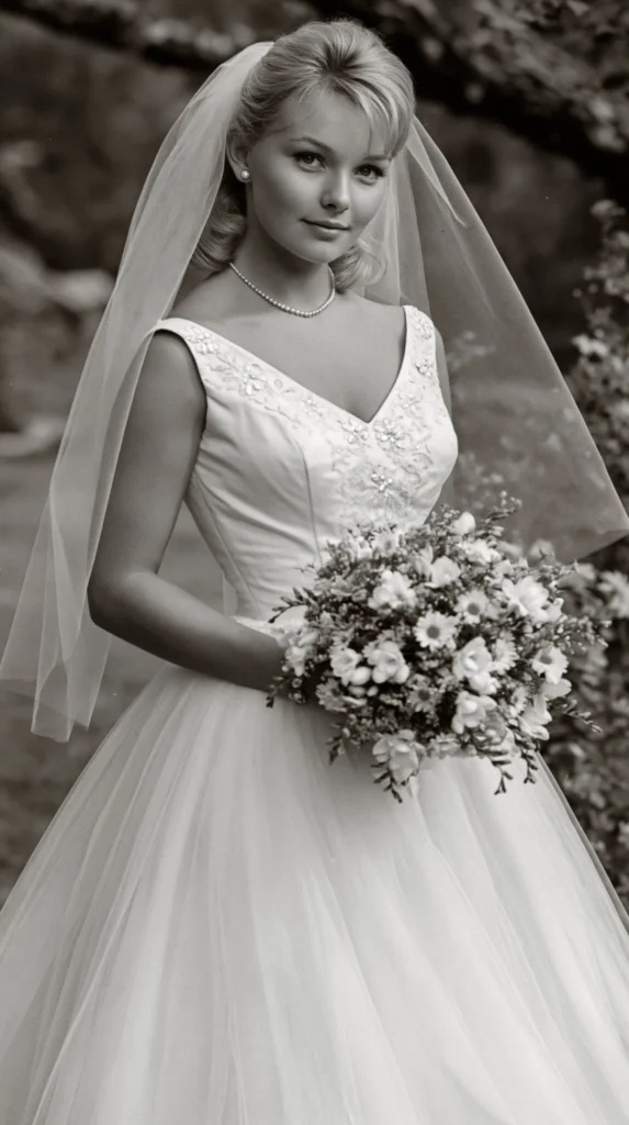 Bride in a layered tulle wedding dress walking in natural light, black and white