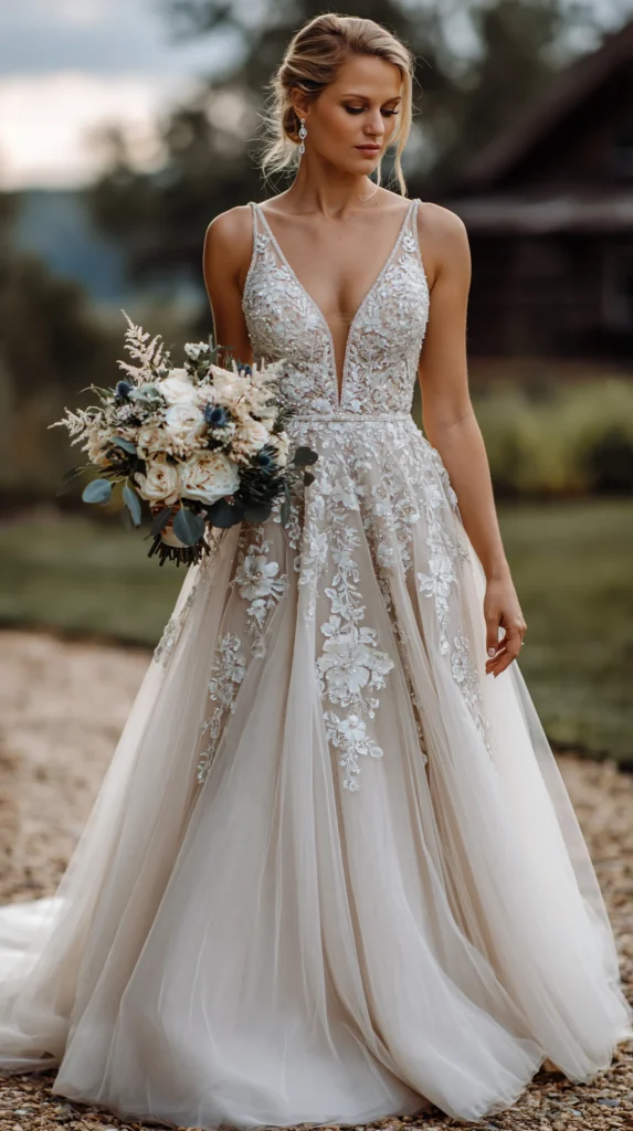 Romantic tulle wedding dress with a floaty skirt and clean simple bodice