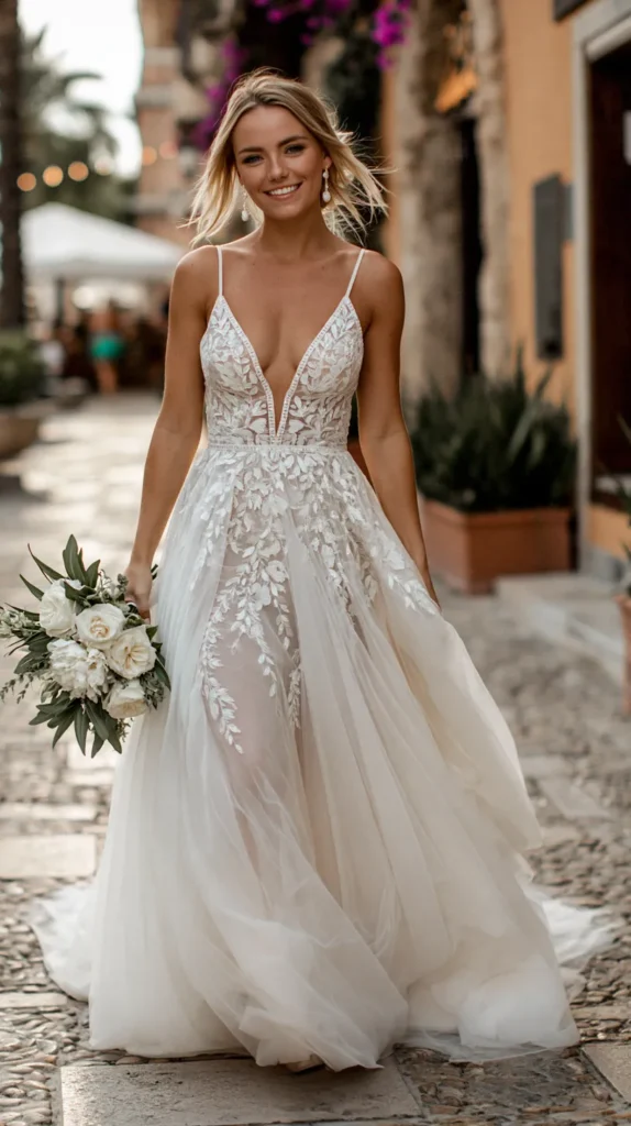 Full tulle wedding dress with airy layers, soft texture, and classic bridal style