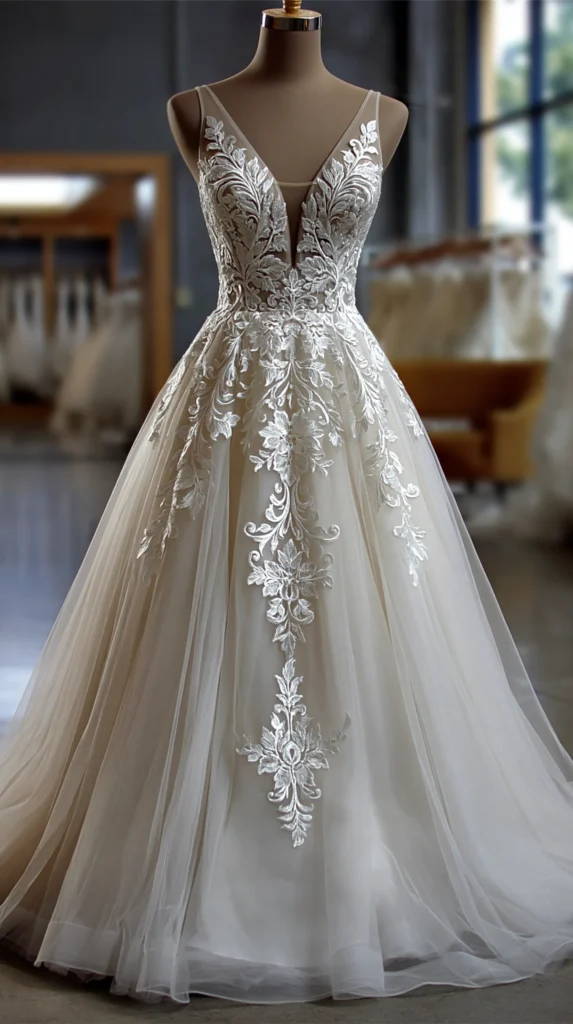 Elegant tulle wedding dress with a soft A-line skirt and simple classic neckline