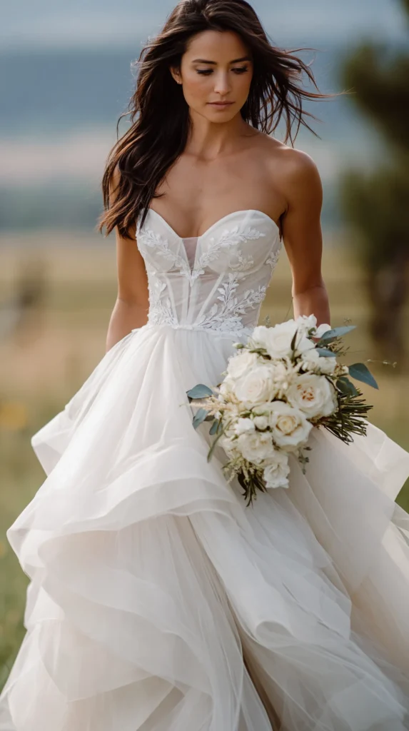 Close-up of a layered tulle wedding dress showing airy fabric and subtle texture