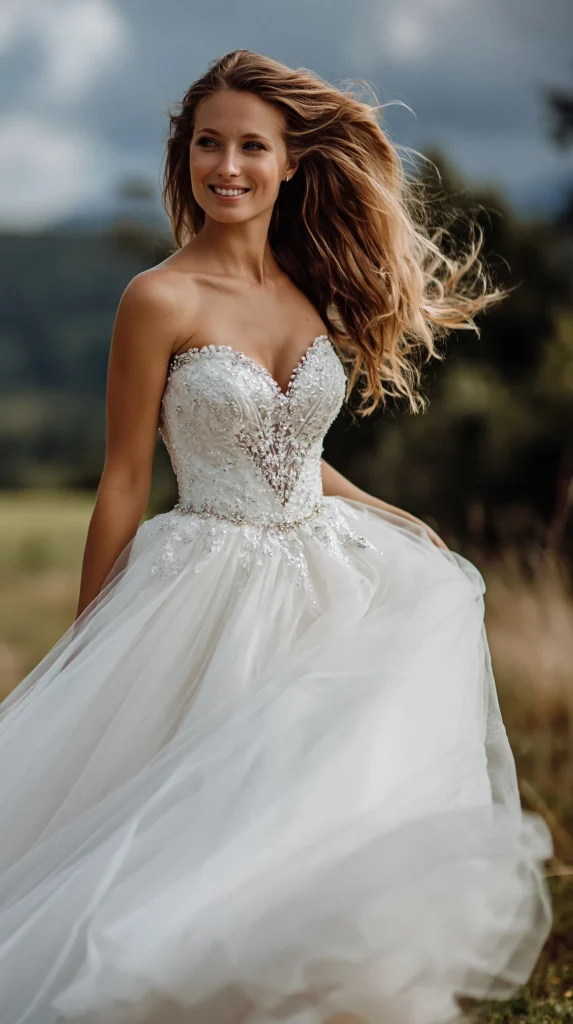 Bride in a dreamy tulle wedding dress standing in soft natural light