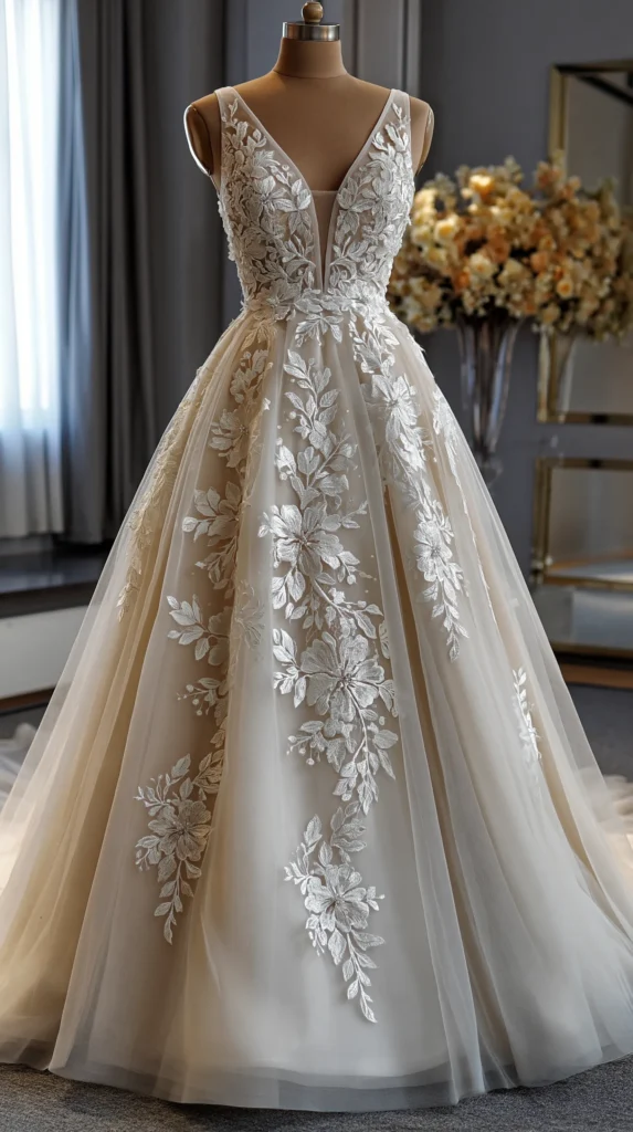 Full-length tulle wedding dress with a fitted waist and floaty layered skirt