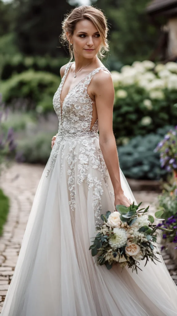 Simple tulle wedding dress with soft volume and a graceful bridal shape
