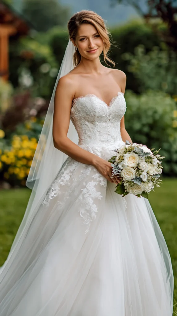 Ivory tulle wedding dress with delicate layers and a romantic wedding day look