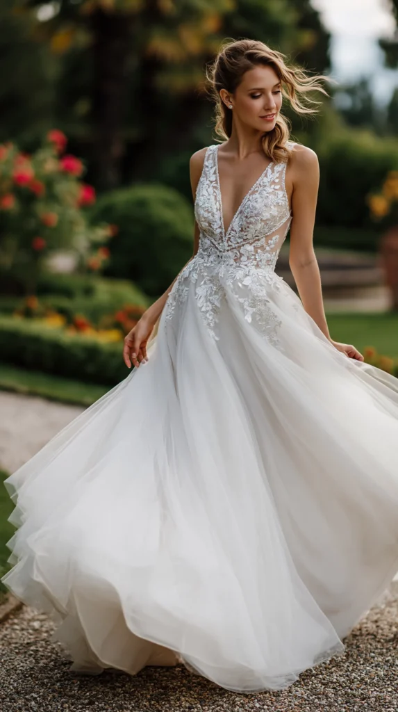 Bride holding the skirt of a tulle wedding dress with light airy movement