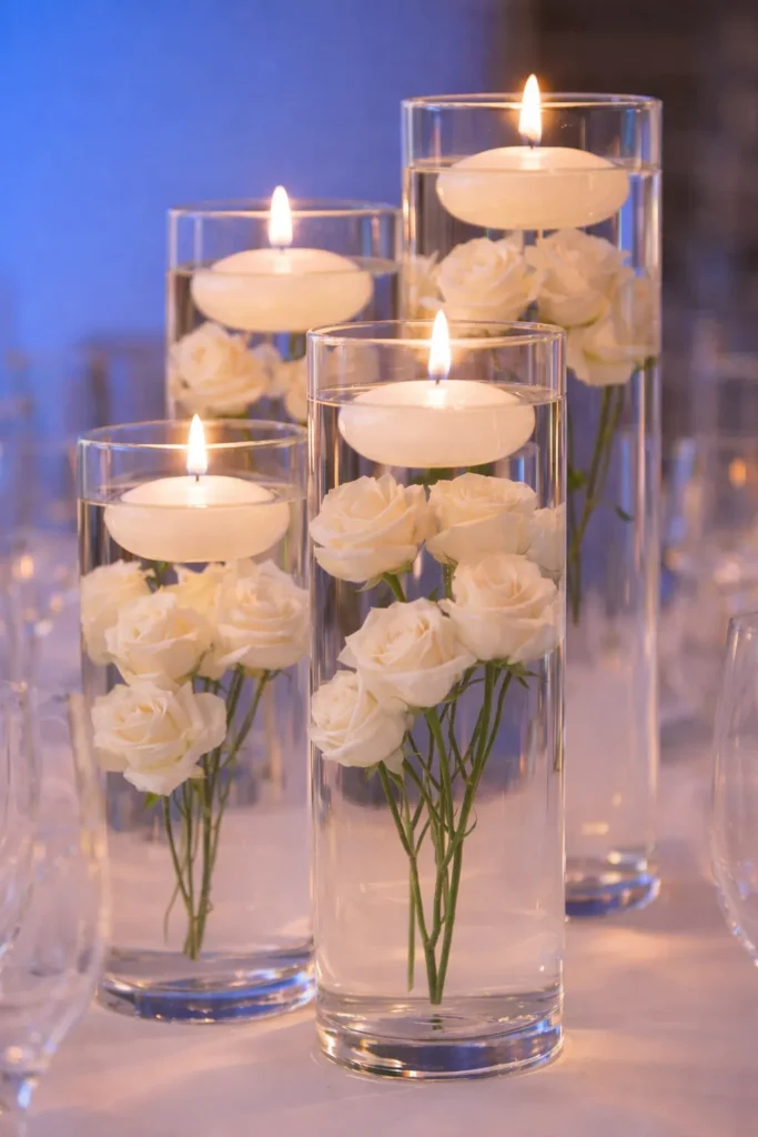 white roses, floating candles