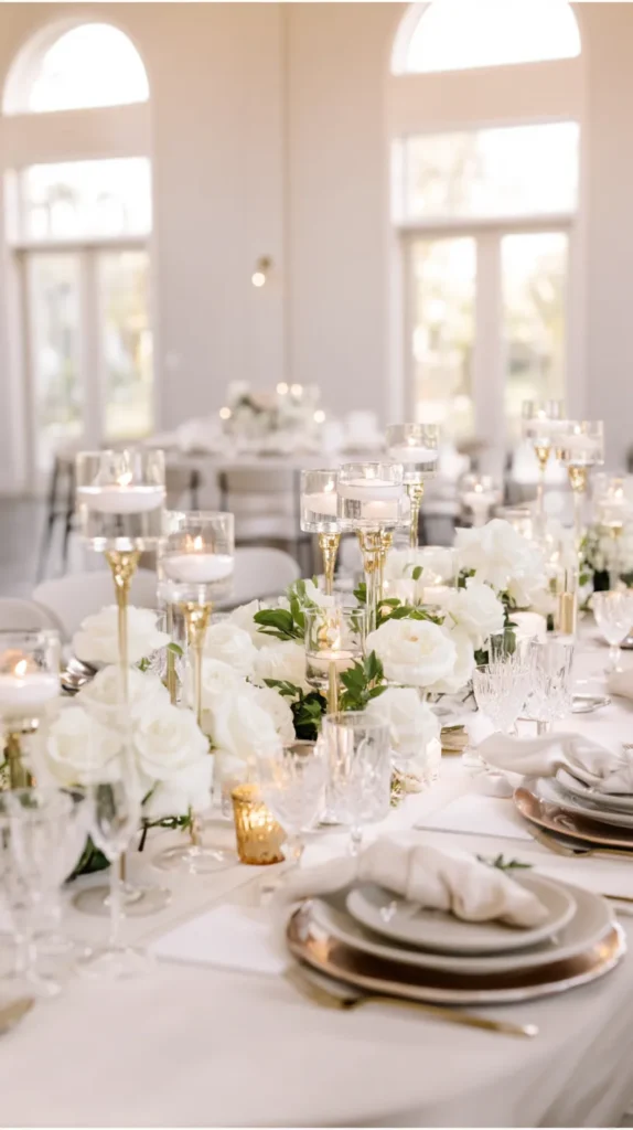 white-themed wedding decor, wedding table decorations