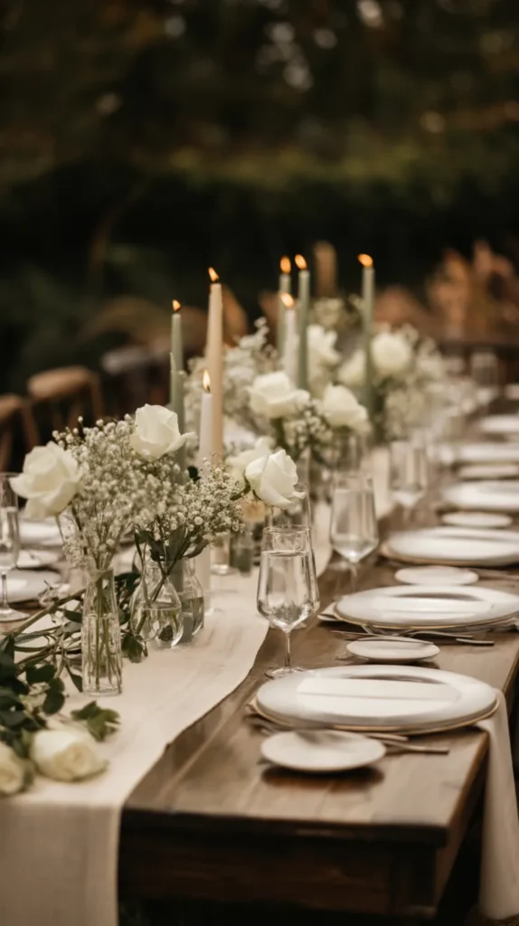 wedding table, long center runner, flowers and candles,