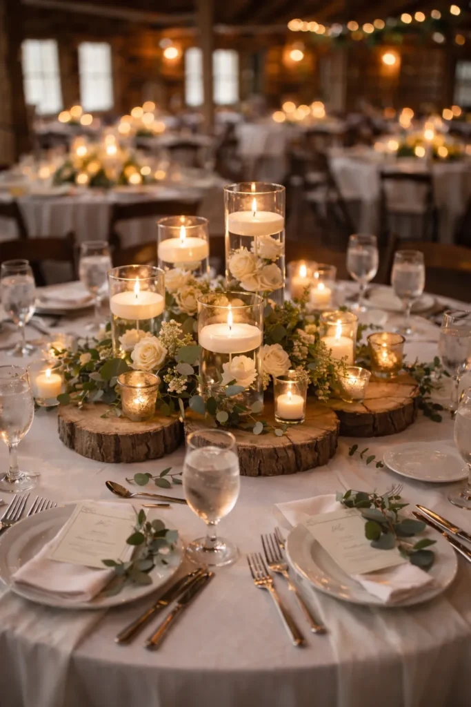 wooden centerpiece, wood rounds, candles, white flowers, greenery