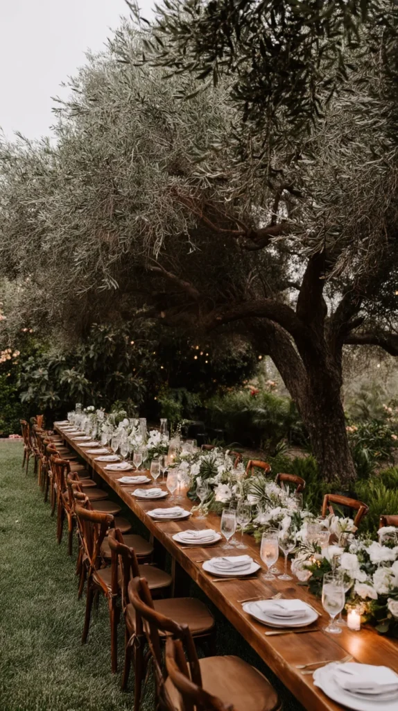 long table set, outdoors under a tree