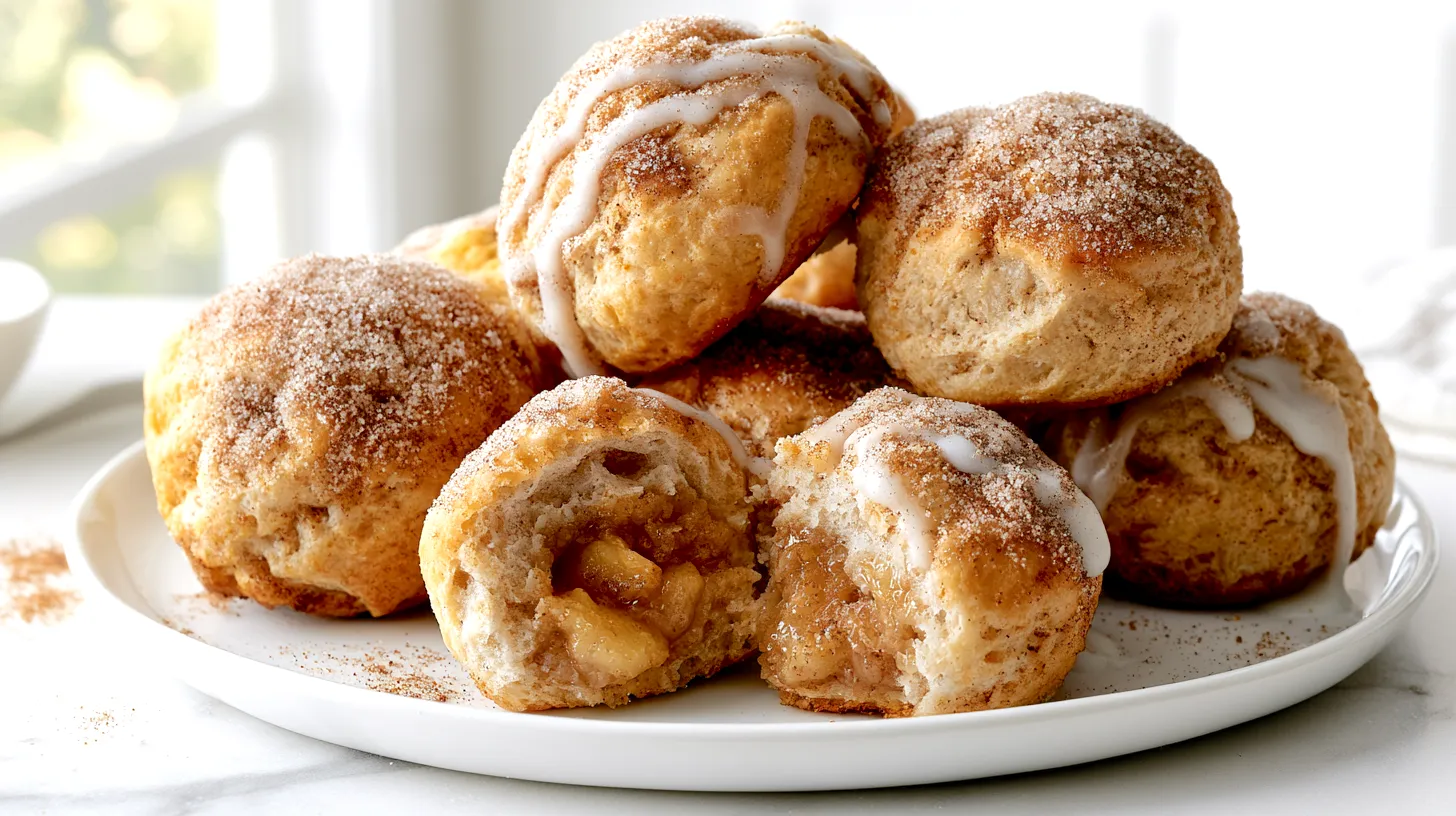 Hyper-realistic photo of golden air fryer apple pie bombs coated in cinnamon sugar, soft biscuit dough exterior with a slightly crisp golden finish, a few bombs split open to show warm gooey apple pie filling inside, light drizzle of vanilla glaze, served on a white ceramic plate, subtle cinnamon sugar scattered on the plate, bright white kitchen background, white marble countertop, cozy fall dessert styling, soft natural window light, crisp focus, realistic texture, editorial food photography, no text, no logos, no watermark, no people