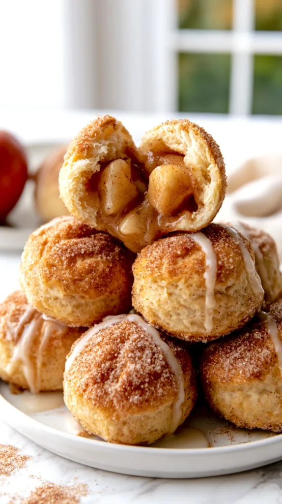 Hyper-realistic photo of golden air fryer apple pie bombs coated in cinnamon sugar, soft biscuit dough exterior with a slightly crisp golden finish, a few bobs split open to show warm gooey apple pie filling inside, light drizzle of vanilla glaze, served on a white ceramic plate, subtle cinnamon sugar scattered on the plate, bright white kitchen background, white marble countertop, cozy fall dessert styling, soft natural window light, crisp focus, realistic texture, editorial food photography, no text, no logos, no watermark, no people