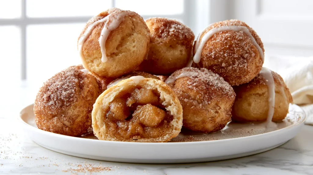 Hyper-realistic photo of golden air fryer apple pie bombs coated in cinnamon sugar, soft biscuit dough exterior with a slightly crisp golden finish, a few pieces split open to show warm gooey apple pie filling inside, light drizzle of vanilla glaze, served on a white ceramic plate, subtle cinnamon sugar scattered on the plate, bright white kitchen background, white marble countertop, cozy fall dessert styling, soft natural window light, crisp focus, realistic texture, editorial food photography, no text, no logos, no watermark, no people