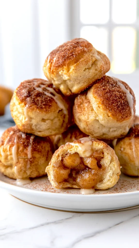 Hyper-realistic photo of golden air fryer apple pie bombs coated in cinnamon sugar, soft biscuit dough exterior with a slightly crisp golden finish, a few pieces split open to show warm gooey apple pie filling inside, light drizzle of vanilla glaze, served on a white ceramic plate, subtle cinnamon sugar scattered on the plate, bright white kitchen background, white marble countertop, cozy fall dessert styling, soft natural window light, crisp focus, realistic texture, editorial food photography, no text, no logos, no watermark, no people