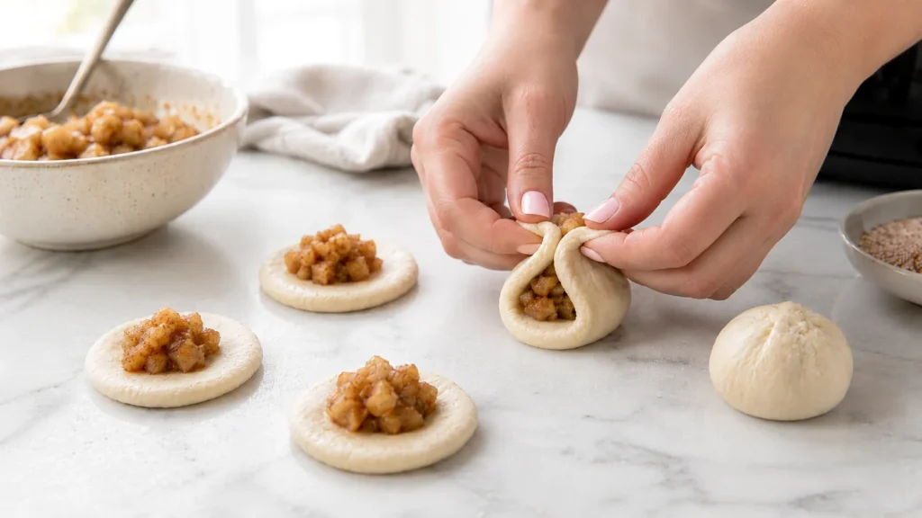 Hyper-realistic food process photo of air fryer apple pie bombs in progress, close-up of flattened biscuit dough rounds on a white marble countertop, each round filled with chunky cinnamon apple pie filling, dough edges being gently pulled up and over the filling to form sealed dough balls, soft natural folds in the dough, realistic apple filling texture, cozy fall baking vibe, bright white kitchen background, soft natural window light, crisp focus, editorial food photography, clean composition, no text, no logos