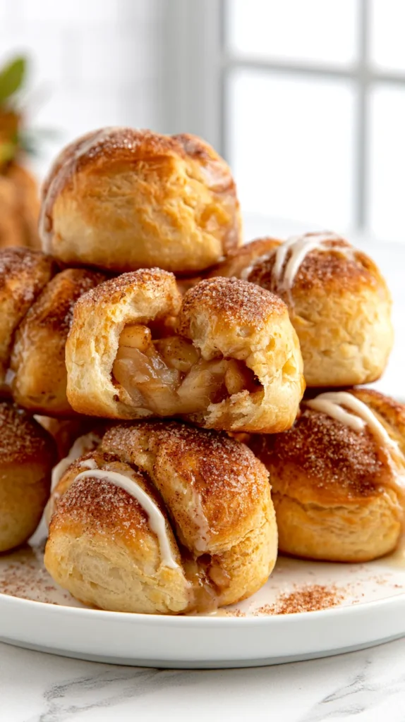 Hyper-realistic photo of golden air fryer apple pie bombs coated in cinnamon sugar, soft biscuit dough exterior with a slightly crisp golden finish, a few pieces split open to show warm gooey apple pie filling inside, light drizzle of vanilla glaze, served on a white ceramic plate, subtle cinnamon sugar scattered on the plate, bright white kitchen background, white marble countertop, cozy fall dessert styling, soft natural window light, crisp focus, realistic texture, editorial food photography, no text, no logos, no watermark, no people