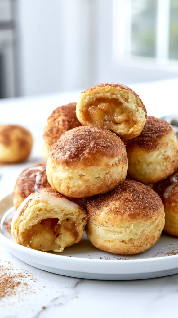 Hyper-realistic photo of golden air fryer apple pie bombs coated in cinnamon sugar, soft biscuit dough exterior with lightly crisp golden tops, one apple pie bomb split open naturally on the plate showing warm chunky cinnamon apple filling inside, light vanilla glaze drizzled over a few pieces, realistic biscuit crumb texture, white ceramic plate on a white marble countertop, bright white kitchen background, soft natural window light, cozy fall dessert styling, crisp focus, editorial food photography, realistic scale, no floating pieces, no text, no logos, no watermark, no people