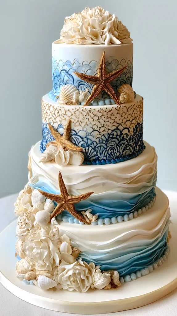 elegant beach-themed wedding cake